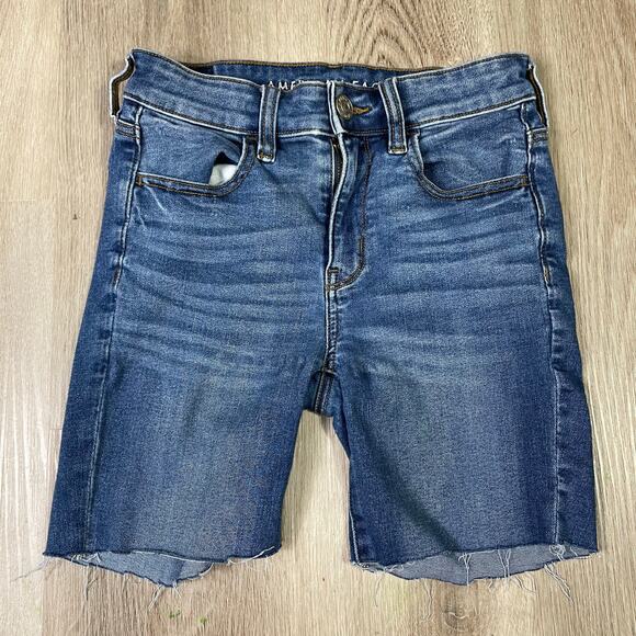 American Eagle Next Level‎ Stretch Denim Cutoff Shorts Size 2 Long Distressedwh - Picture 1 of 12